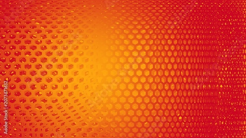 Abstract orange and red hexagonal grid background with center glow effect.