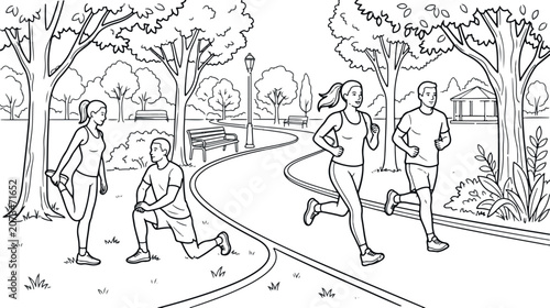 People jogging and stretching on a park path with trees and benches
