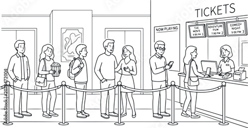 People waiting in line at a movie theater ticket counter