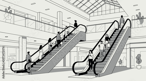 People riding escalators in a large shopping mall interior with glass ceiling