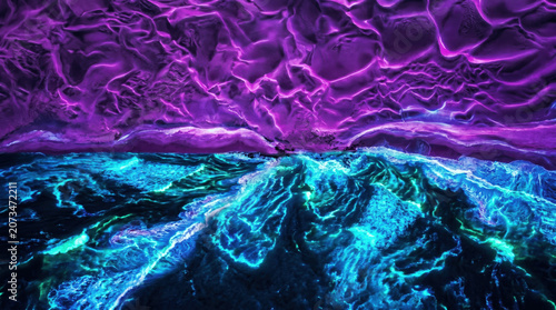 Waves move onto the beach at night, creating bright colors in the water and sand
