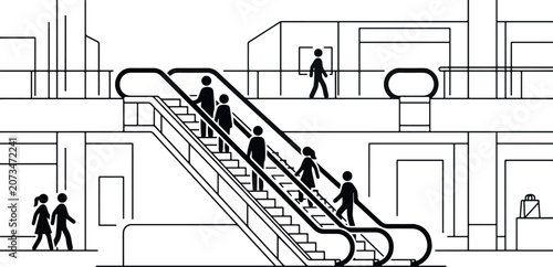 Black and white illustration of people riding an escalator in a building
