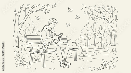 Man sitting on a park bench looking at his smartphone outdoors