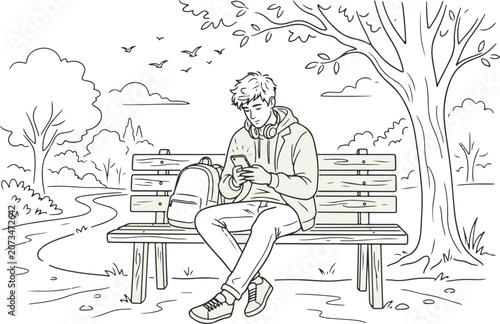 A man sitting on a park bench looking at his cell phone
