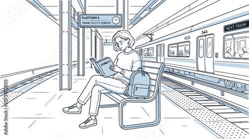 Woman sitting on a bench at a train station reading a journal