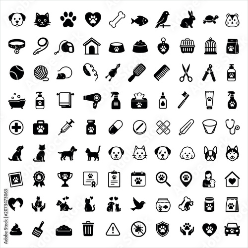 Pet Icons Featuring Dogs, Cats, and Other Animals with Accessories and Care Items Featuring Dog, Cat, Animal with Icon