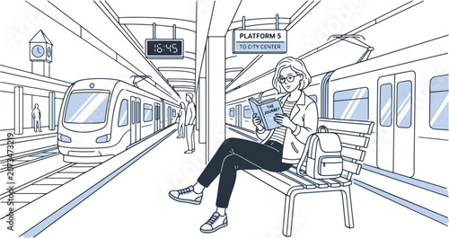 Woman sitting on a bench at a train station reading a book on her daily commute to city center