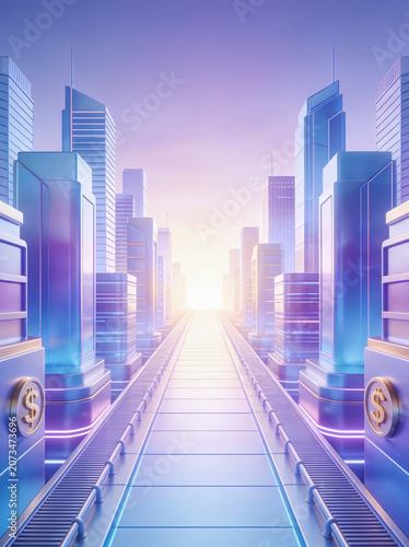 Futuristic Financial District Background with Skyscrapers and Dollar Symbols