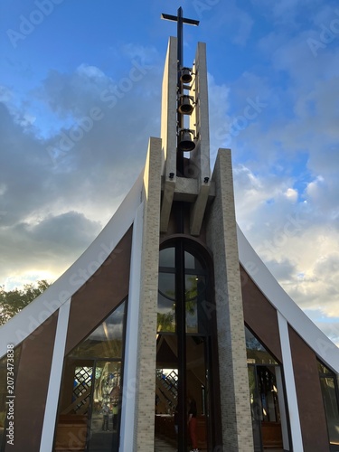 APARECIDA, SAO PAULO, BRAZIL - JUNE 4, 2016: Church at Porto Itaguacu in Aparecida under blue sky