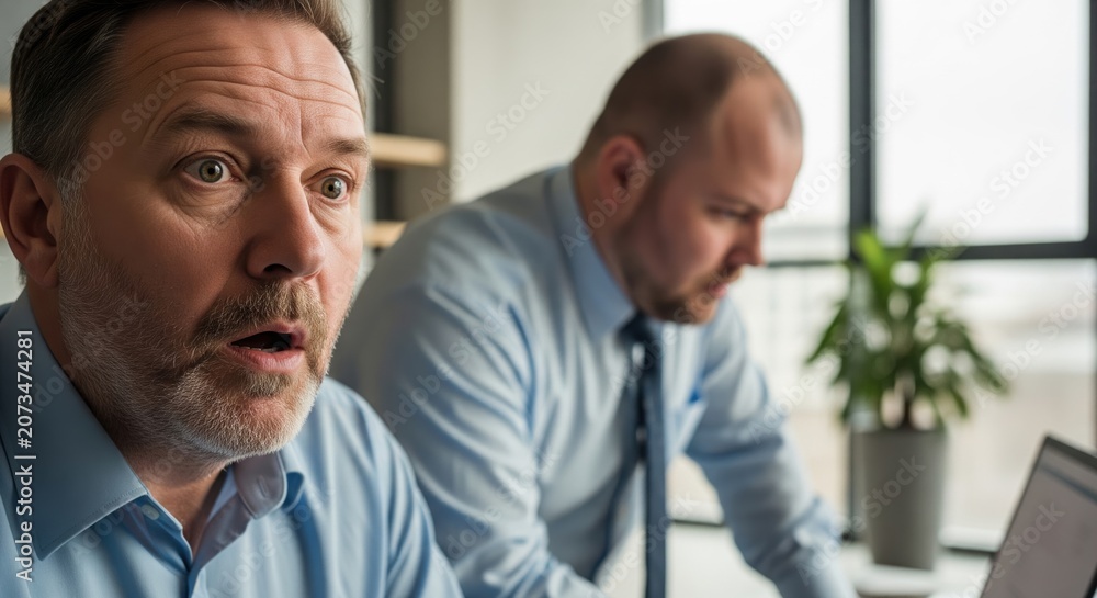 Fototapeta premium Shocked Businessman Reacting With Open Mouth While Looking At A Laptop Screen In An Office