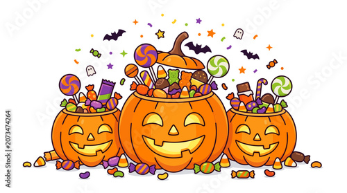 Fotografija Halloween Pumpkin Candy Bowls: Three jack-o'-lanterns overflow with a colorful assortment of Halloween candies, festive bats, and confetti