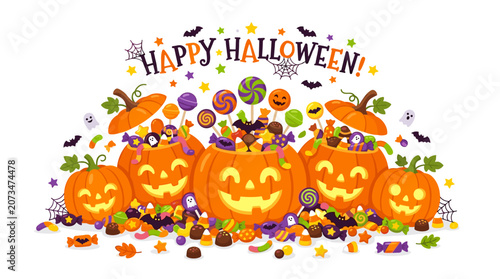 Konstfotografi Happy Halloween Delight: A cheerful arrangement of carved pumpkins overflowing with an assortment of colorful candies and lollipops, adorned with festive bats and stars