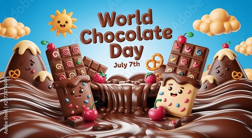 World chocolate day celebration 3d render with sweets and chocolate flow