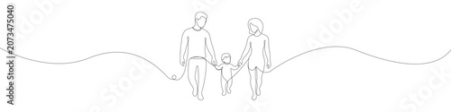 Continuous line drawing of a happy young family walking together holding hands, minimalist vector illustration of parents and child on an abstract wave background for stock design