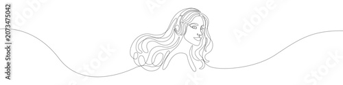 Continuous line drawing of a beautiful woman wearing headphones, minimalist vector art profile of a girl listening to music with long flowing hair on a wave background template