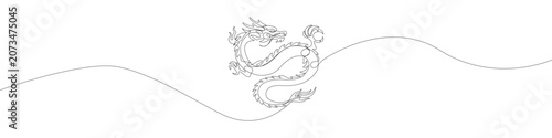 Elegant continuous line drawing of a traditional Chinese dragon, minimalist vector illustration of a mythical creature with sweeping wave line elements for decorative graphic design