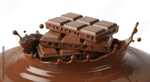 Stacked milk chocolate bars with splashing liquid chocolate studio shot