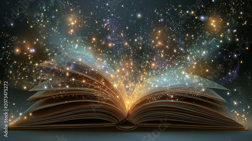 Open magical book emitting glowing golden light, sparkling particle and mystical energy. Fantasy concept of knowledge, imagination, wisdom, storytelling and enchanted magic.