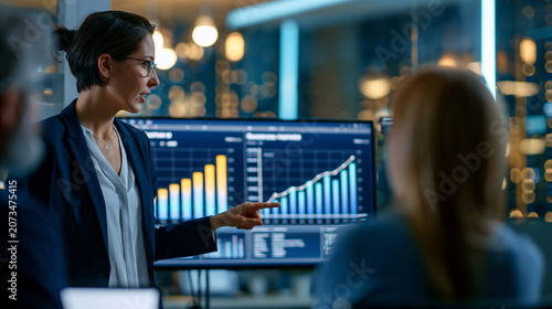 Faceless marketing director presenting growth analysis charts and ad revenue data on a TV screen to a CEO in a business office, creative strategy discussion, defocused office in