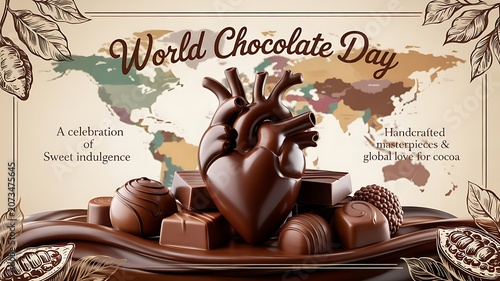World chocolate day celebration heart shaped chocolate and cocoa bean arrangement