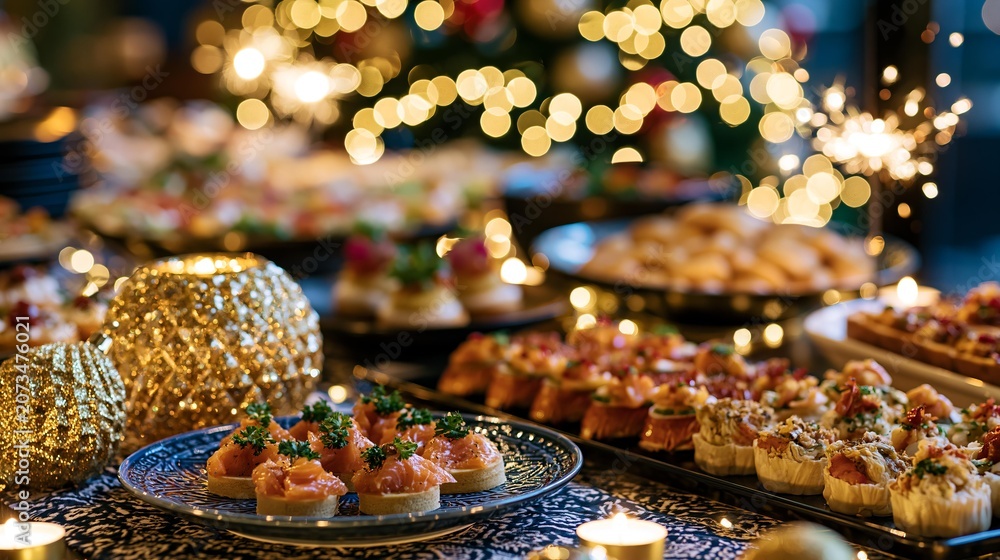 Fototapeta premium Festive buffet table laden with delicious appetizers and festive decorations