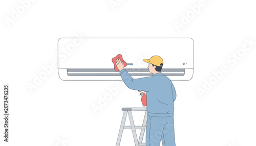 Professional technician standing on a stepladder uses a cloth to clean a white wall-mounted air conditioning unit for maintenance purposes.