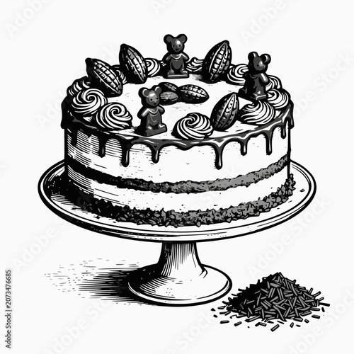 Monochrome illustration of a drip cake with bear toppers on a pedestal stand