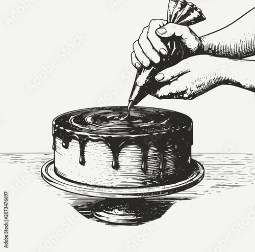 Vintage engraving of hands piping icing onto a drip cake on a stand
