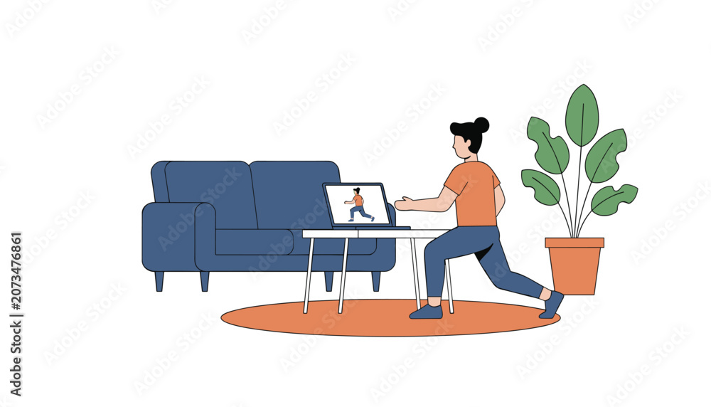 Fototapeta premium Active woman performs lunges at home while following an online fitness class on her laptop screen to maintain a healthy lifestyle and routine.