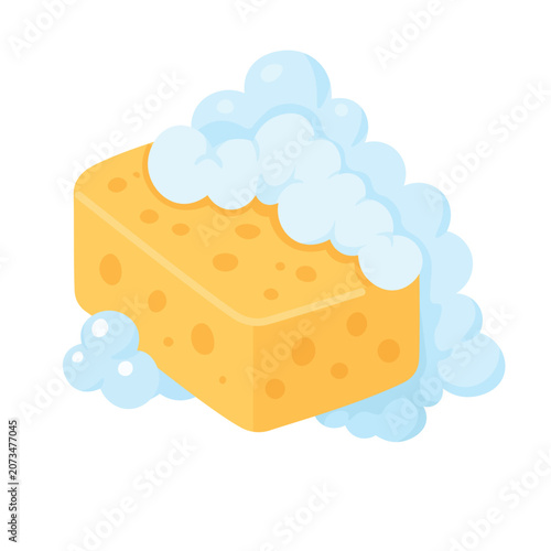 Cute flat vector sponge with soap bubbles for household cleaning, isolated on white background.