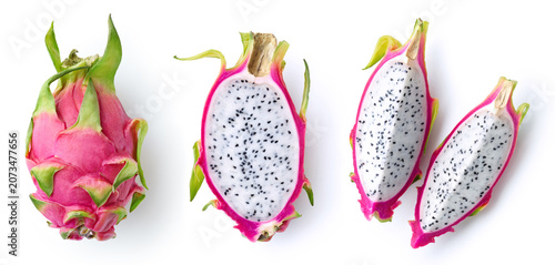 Fresh whole, halved and sliced dragon fruit or pitahaya (pitaya)