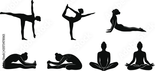 Tableau sur toile Black silhouettes of woman practicing various yoga poses