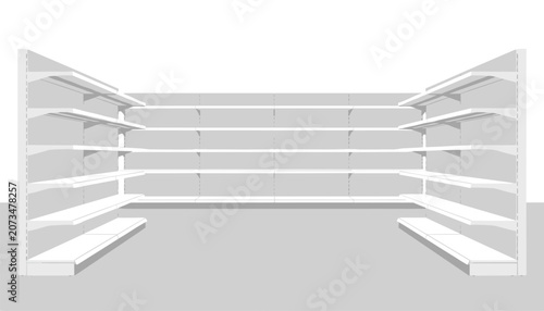 Empty retail shelves arranged in a u-shape format for displaying products in a supermarket store or a modern warehouse distribution center.