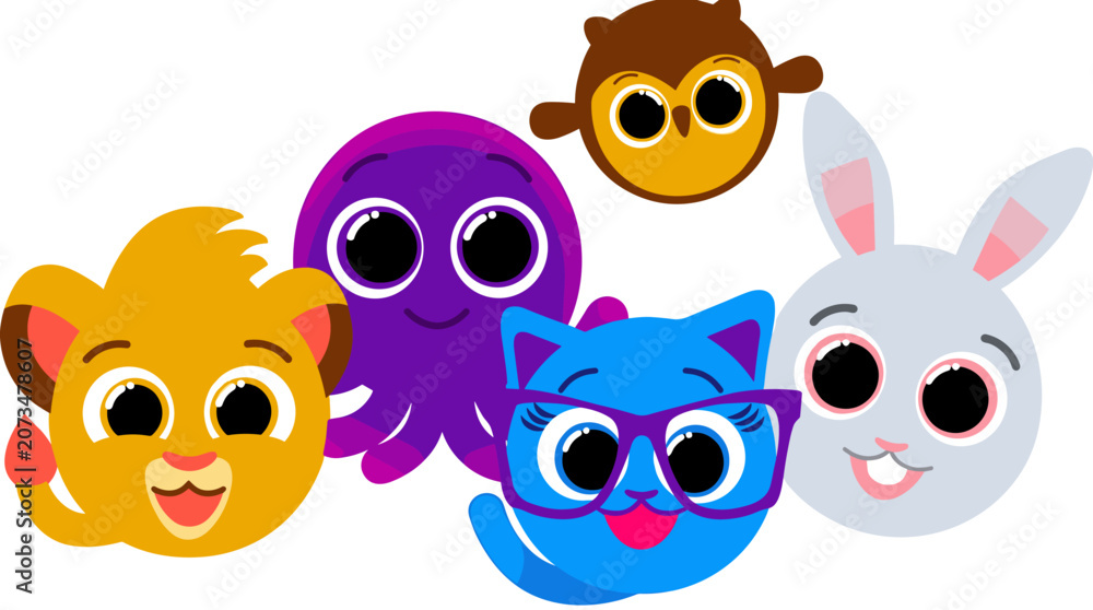Fototapeta premium Cute Cartoon Animals: A vibrant and playful collection of adorable cartoon animal faces including a lion cub, octopus, owl, cat with glasses, and a rabbit.