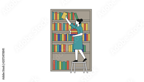 Young woman stands on a small stepladder to organize and place books on the upper shelves of a large, fully stocked wooden library bookcase.