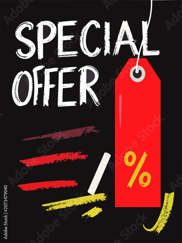 Diseño promocional con etiqueta roja y símbolo de descuento para campañas de ventas, rebajas y promociones comerciales.
