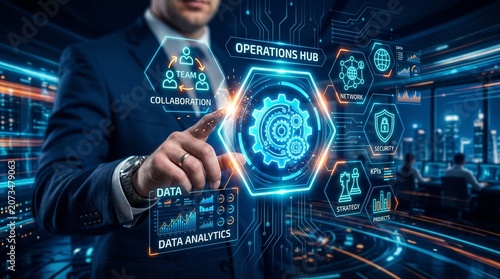 Businessman touching the business integration system and unified operations panel. Connected processes, seamless workflows, digital alignment and organizational harmony.