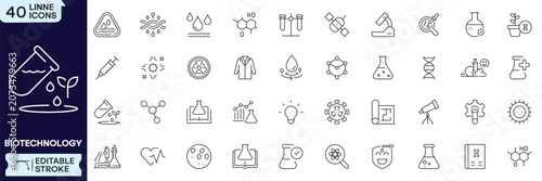 Принти на полотні Biotechnology Line Icon Set Featuring Genetics, Laboratory, DNA, Bioengineering, Medical Research, Science Innovation and More