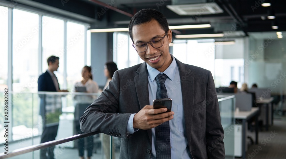 Fototapeta premium Indonesian Business Executive Checks a Critical Smartphone Update While Walking Through a Modern Office Corridor, Coordinating Project Tasks and Next Steps as a Nearby Team Reviews Performance 