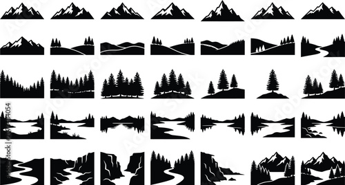 Black and white of various mountain peaks and mountain silhouettes mountain range mountain outline