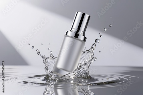 Flacon cosmétique blanc avec éclaboussures d'eau illustrant fraîcheur, hydratation et soin de la peau