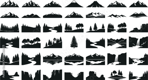 Black and white of various mountain peaks and mountain silhouettes mountain range mountain outline