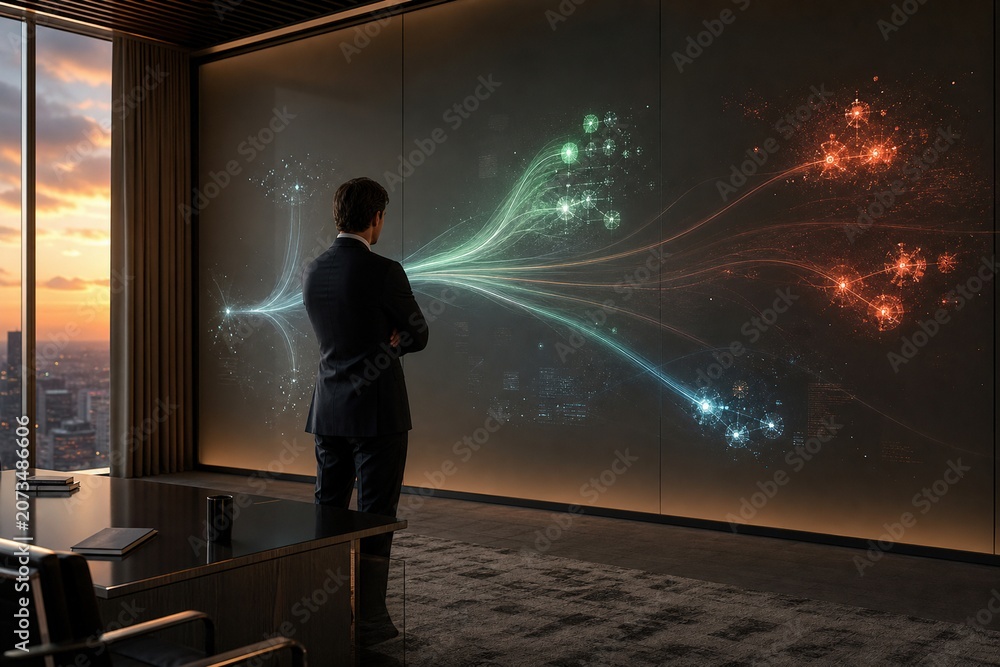 Fototapeta premium Visionary navigates a tapestry of glowing AI data in a sleek corporate suite at dusk