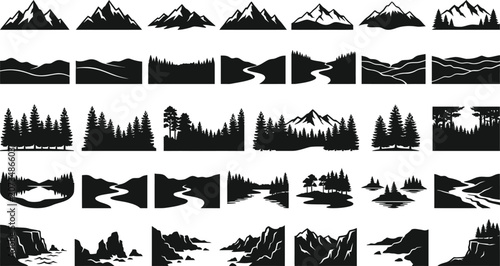 Black and white of various mountain silhouettes and mountain ranges mountain peaks mountain landscape