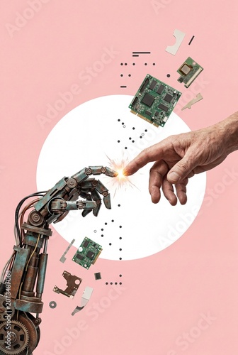A robotic hand and a human hand reach out to touch, symbolizing the intersection of technology and humanity amidst scattered electronic components.