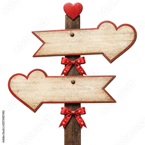 Valentine wooden heart signpost with red bows isolated