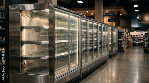 blank commercial fridges empty shelves supermarket refrigeration equipment
