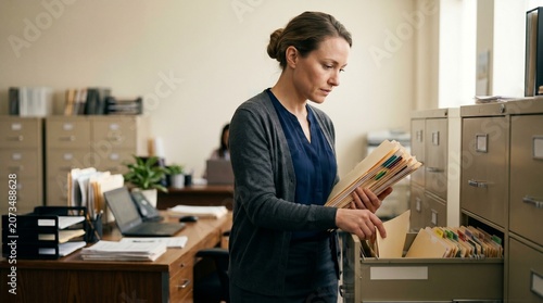 hr officer organizing sick leave records office file cabinet employee management
