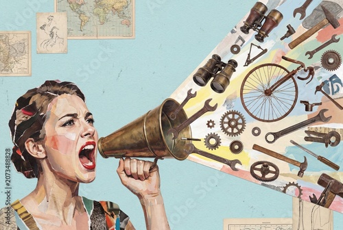 A woman shouts into a megaphone, expelling an array of vintage tools, gears, and maps, symbolizing communication, innovation, and the dissemination of ideas in a retro-inspired illustration.