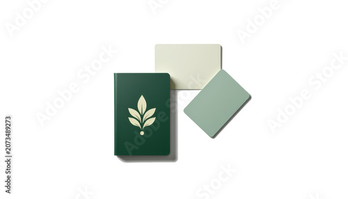 Minimalist corporate flat lay featuring leaf logo and cards on a clean white background for professional branding